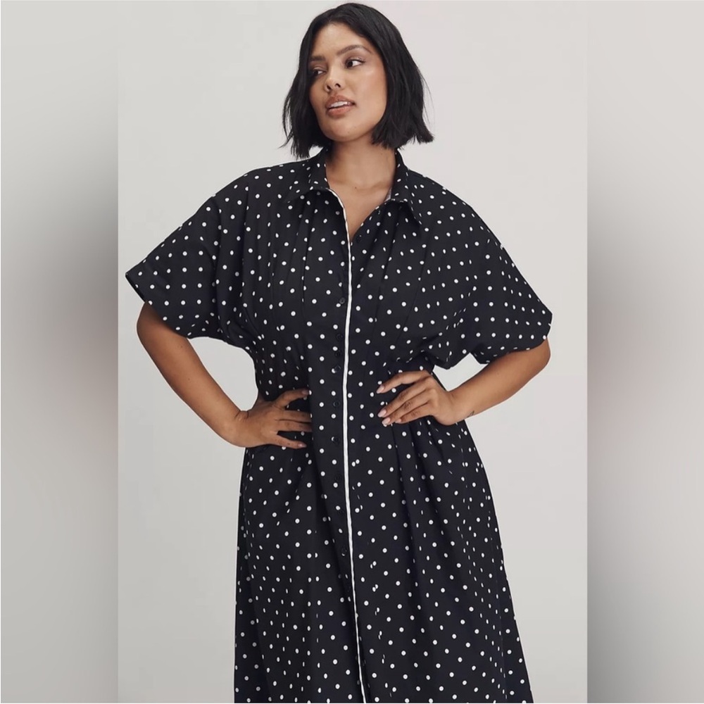Anthropologie Black Polka Dot Midi Dress with White Trim - Picture 6 of 10